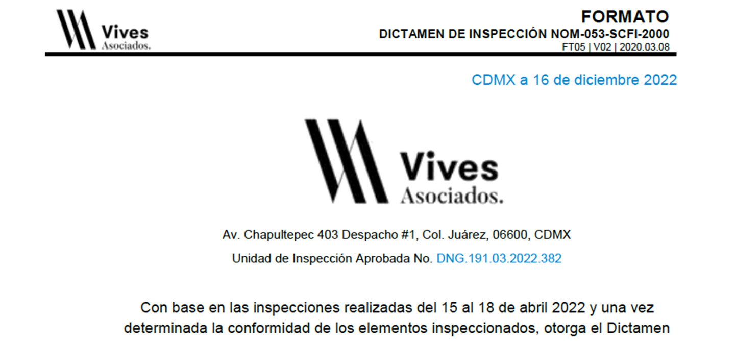 DICTAMEN DE INSPECCIÓN NOM-053-SCFI-2000